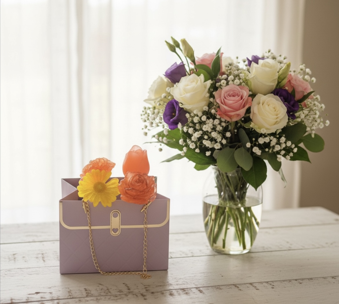 A blush lavender keepsake purse filled with rose-shaped soaps and gold chain handle